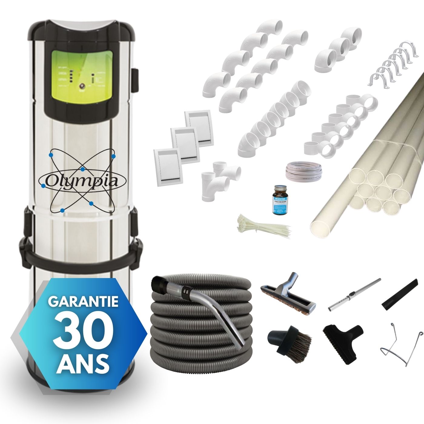 Pack complet aspirateur centralisé STANDING 03 EDS, flexible, accessoires et kit d'installation pour 3 prises